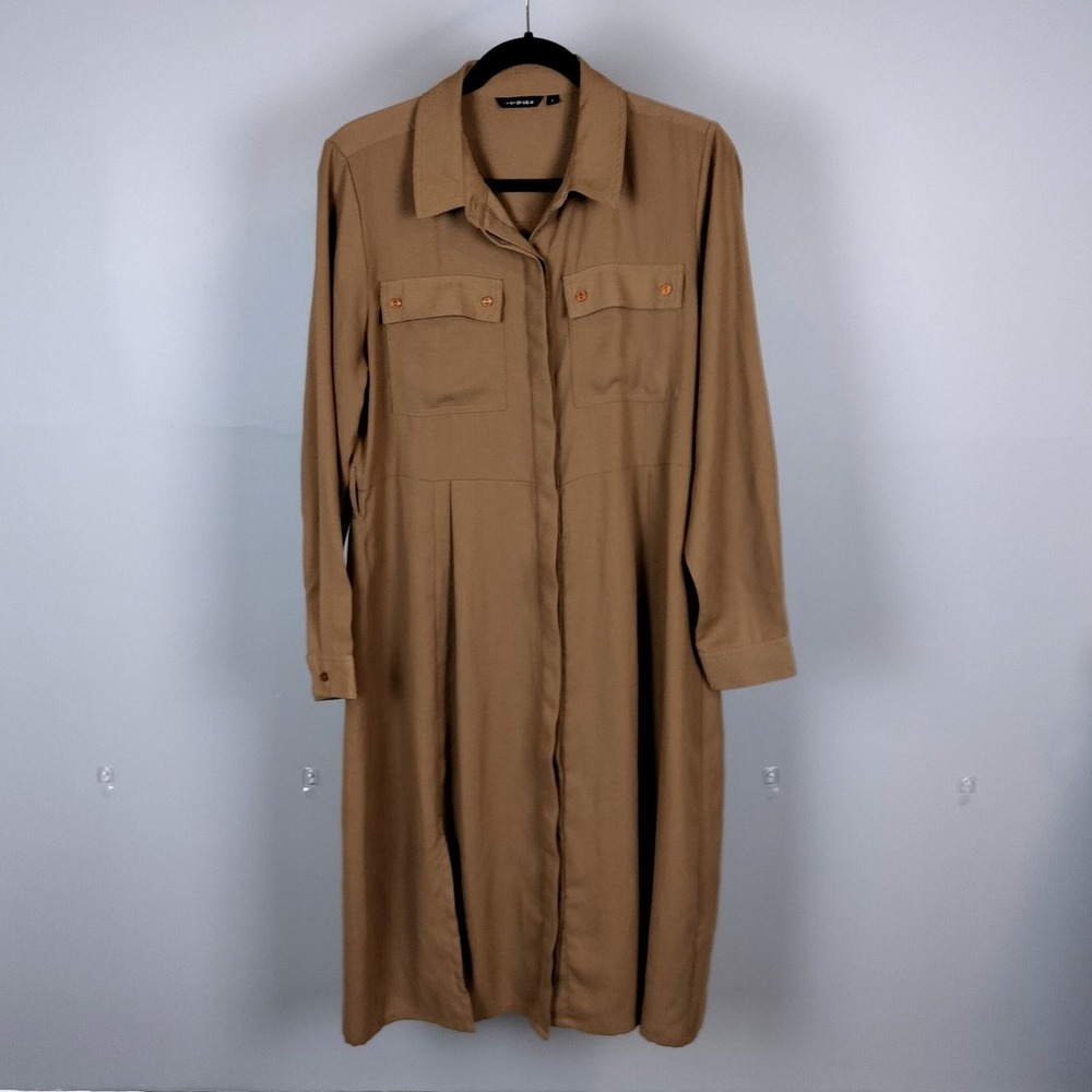 Brown Crepe Utility Midi Shirtdress Tan Wardrobe Polyester Pocketed Long Sleeve - Picture 2 of 8